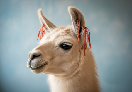 White llama head and neck in a captivating close up portrait. the animal has soft white fur and small decorative orange braids tied near its ears, set against a smooth blue background.の素材