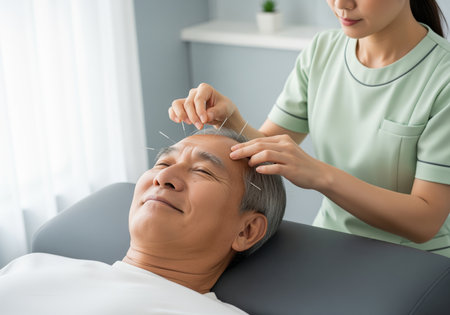 Elderly asian man receiving traditional acupuncture therapy on his forehead from a female practitioner. focus on health, wellness, alternative medicine, and relaxation.の素材