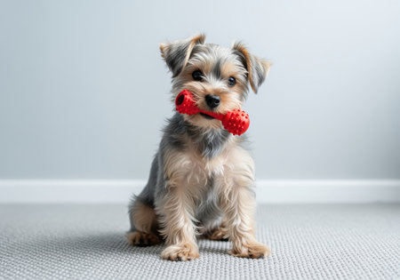 Yorkshire terrier puppy sitting on a gray carpet indoors, looking directly at the camera while firmly grasping a bright red rubber chew toy in its mouth. focus on pet ownership, play, and companionship.の素材