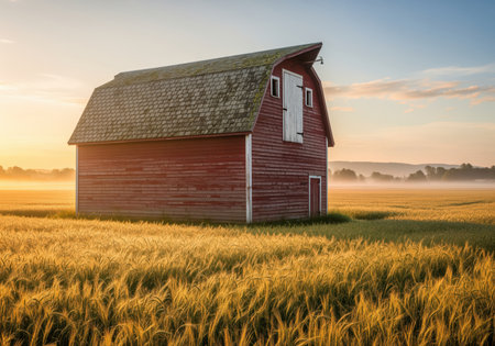 Classic weathered red barn standing prominently in a vast golden field of ripe wheat or grain. the scene is bathed in the warm light of sunrise, with soft mist covering the distant farmland, evoking themes of agriculture, harvest, and rural life.の素材