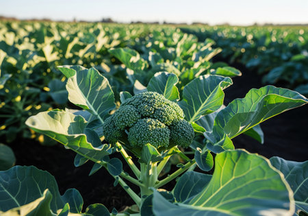 Fresh broccoli head growing prominently in a cultivated row on a large agricultural field. the vibrant green vegetable is surrounded by large leaves under natural sunlight, symbolizing healthy eating and organic farming.の素材