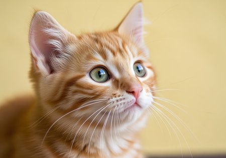 Fluffy ginger tabby kitten portrait featuring bright green eyes, looking curiously upward. the soft orange and cream fur is subtly striped against a blurred yellow background.の素材