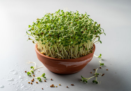 Lush green alfalfa microgreens densely packed in a small terracotta pot, studio shot on a light background. represents organic, healthy, and fresh nutrition.の素材