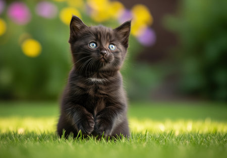 Fluffy black kitten with striking blue eyes sitting upright on vibrant green grass in a sunny garden setting. adorable domestic pet portrait focusing on curiosity and innocence.の素材