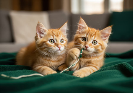 Fluffy ginger kittens playing together with a piece of white and green yarn while resting on a cozy dark green blanket indoors.の素材