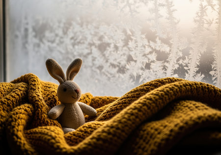 Small cream colored stuffed rabbit resting comfortably on a thick, mustard yellow knitted blanket. the background shows a window pane covered in intricate frost patterns, emphasizing a cozy, warm indoor feeling contrasted with the cold winter outside.の素材