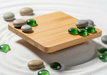 Bamboo pedestal display platform surrounded by smooth river stones and bright green glass gems on pristine white sand with raked zen patterns. ideal for wellness and spa concepts.の素材