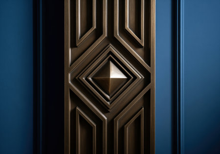 Detailed bronze decorative panel featuring deeply sculpted geometric art deco motifs, centered around a diamond shape. set against a rich, dark blue surface, emphasizing luxury and vintage architecture.の素材