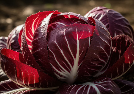 Fresh deep crimson radicchio vegetable head, featuring vibrant purple leaves and striking white veins, growing outdoors under natural sunlight. used as a healthy ingredient in salads and gourmet cuisine.の素材
