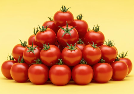 Fresh, vibrant red tomatoes stacked neatly in a pyramid formation. studio shot emphasizing color, freshness, and healthy eating against a bright yellow backdrop. perfect for food advertising or cooking concepts.の素材