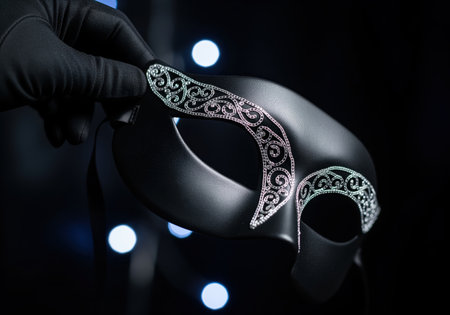 Elegant black domino mask featuring silver filigree detail, held by a hand wearing a black leather glove against a dark background with blue bokeh lights. perfect for themes of mystery, masquerade, and luxury.の素材