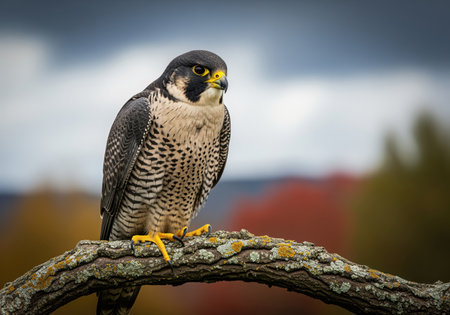 Peregrine falcon, a powerful bird of prey, perched on a lichen covered tree branch outdoors. the raptor displays its distinctive dark plumage and intense yellow eyes against a blurred natural background, symbolizing strength and wilderness.の素材