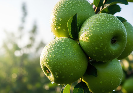 Cluster of bright green apples covered in dew drops hanging on a branch, illuminated by morning sunlight. represents freshness, organic farming, and healthy eating.の素材