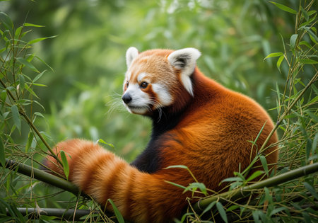 Red panda with striking reddish brown fur and a long striped tail sits calmly on a bamboo stalk, surrounded by lush green foliage, symbolizing wildlife and conservation.の素材