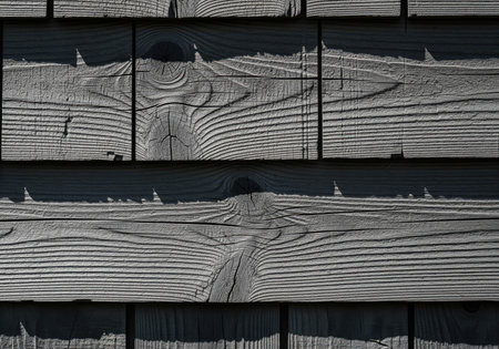 Old weathered gray wooden clapboard siding texture featuring deep grain patterns, knots, and cracks. ideal rustic background or surface design element.の素材