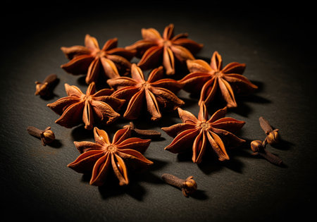 Star anise pods and whole cloves arranged on a dark, textured slate background. focus on aromatic spices used for cooking, baking, and warm winter drinks.の素材