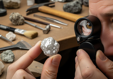 Professional gemologist inspecting a large, raw, uncut diamond crystal held between fingers while looking through a jeweler loupe. various geological tools are scattered on the workbench.の素材
