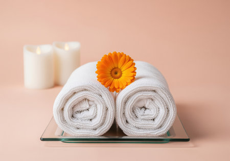 Clean white rolled towels placed side by side on a clear glass tray, adorned with a vibrant orange flower. two blurred white candles glow softly in the background against a delicate peach wall, symbolizing relaxation, hygiene, and spa therapy.の素材