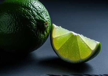 Whole dark green lime placed next to a bright, translucent slice of citrus fruit, dramatically backlit against a moody, dark gray studio surface.の素材