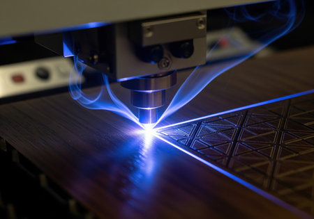 Industrial laser cutter head using a bright blue beam to engrave a complex triangular geometric pattern onto a sheet of dark wood, showing smoke from the precise cutting process.の素材