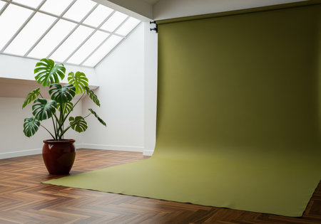 Spacious, naturally lit photo studio featuring a vibrant potted monstera plant next to a seamless olive green paper backdrop on a dark wood parquet floor.の素材