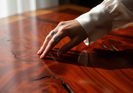 Close up of a woman hand adorned with minimalist silver rings tracing the rich, reflective grain of a polished, natural wood slab table.の素材