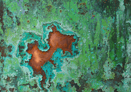 Weathered copper surface displaying a detailed, abstract texture of vibrant green and turquoise patina contrasting with exposed areas of brown rust.の素材