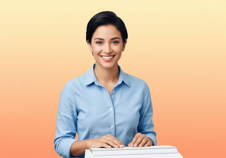 Cheerful professional woman with short dark hair wearing a blue button down shirt, typing on a keyboard. concepts of business, communication, technology, and successの素材