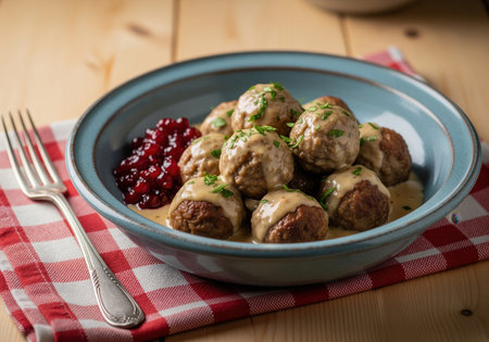Traditional swedish meatballs kottbullar covered in creamy gravy, served alongside bright red lingonberry jam in a rustic blue ceramic bowl on a wooden surface.の素材