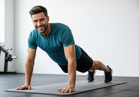 Athletic man smiling while performing a plank exercise on a gray mat in a bright gym environment. focus on core strength, fitness, and healthy living.の素材