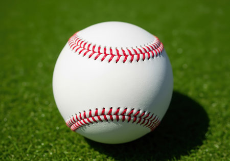 Pristine white baseball with prominent red stitching resting on a vibrant green grass field under bright sunlight. focus on the texture and detail of the sports equipment.の素材