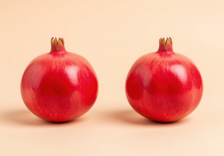 Two whole, ripe, and glossy red pomegranates positioned side by side in a clean, commercial studio setting. rich color, healthy fruit, and antioxidant concept.の素材