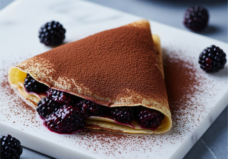 Folded french crepe dusted with dark cocoa powder, revealing a rich filling of blackberry compote, served on a white marble surface. gourmet dessert concept.の素材