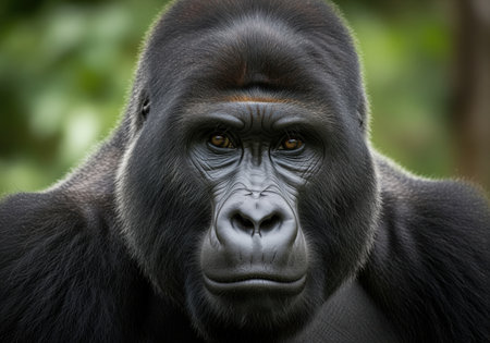 Powerful male silverback gorilla portrait captured in a close up view, featuring intense, dark eyes and a serious expression against a natural jungle background.の素材