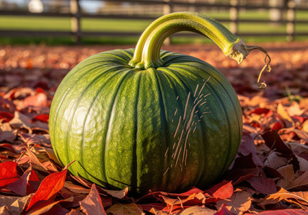 Green pumpkin featuring deep ribs and a robust, curved stem, resting outdoors on a thick layer of red and orange autumn leaves during golden hour. perfect for fall harvest concepts.の素材