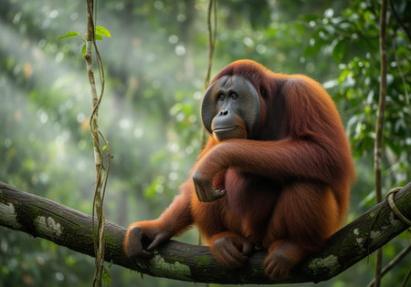 Adult male orangutan with reddish fur and cheek pads sitting calmly on a thick, mossy tree branch in a dense, misty tropical rainforest. focus on wildlife, nature, and conservation.の素材