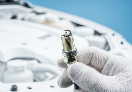 Gloved hand holding a shiny new spark plug in front of a blurred white car engine bay. essential component for automotive repair, maintenance, and replacement.の素材