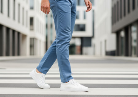 Modern businessman wearing casual blue trousers and clean white leather sneakers walking on a pedestrian crosswalk in a contemporary urban setting.の素材