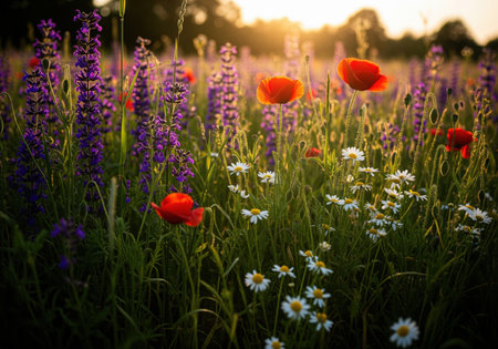 Wildflower field featuring red poppies, tall purple spiky flowers, and white daisies. warm golden hour sunlight filters through the dense vegetation, creating a natural, vibrant summer scene.の素材