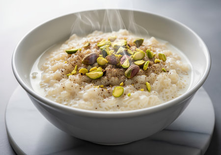 Steaming bowl of creamy rice pudding, traditionally known as kheer, garnished with vibrant green pistachios and sprinkled with aromatic cardamom powder, served on a marble surface.の素材