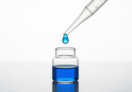 Precise blue drop of chemical liquid suspended from a pipette tip, about to fall into a clear glass laboratory vial containing blue solution. scientific research and analysis concept.の素材