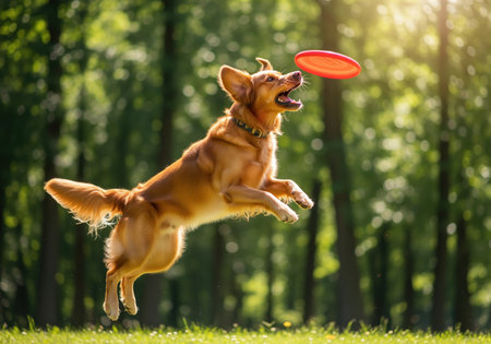 Golden retriever dog captured mid air, jumping high to catch a bright red flying disc in a lush green park setting. dynamic action shot on a sunny day.の素材