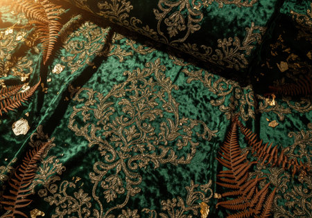 Crushed velvet textile in deep forest green featuring heavy, antique gold metallic embroidery in an ornate baroque pattern, accented with dried brown fern leaves and gold flakes.の素材
