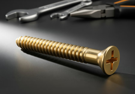 Shiny golden brass screw with a phillips head resting on a reflective dark surface. construction tools, including wrenches and pliers, are blurred in the background. focus on hardware, repair, and precision.の素材