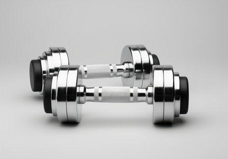 Two shiny chrome adjustable dumbbells lying side by side on a light gray studio surface. essential equipment for weightlifting, strength training, and home fitness workouts.の素材