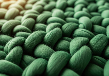 Chunky hand knitted blanket texture in a rich emerald green color. macro shot highlighting the thick, braided wool yarn and cozy, soft textile pattern. ideal for backgrounds and warmth concepts.の素材