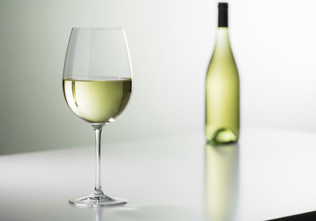 Elegant glass filled with pale white wine standing on a reflective surface in a bright studio setting. a blurred green bottle stands in the background.の素材