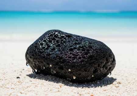 Porous black lava rock, wet and shiny, resting on fine white coral sand. bright turquoise ocean and blue sky provide a tropical background. natural contrast and geology.の素材