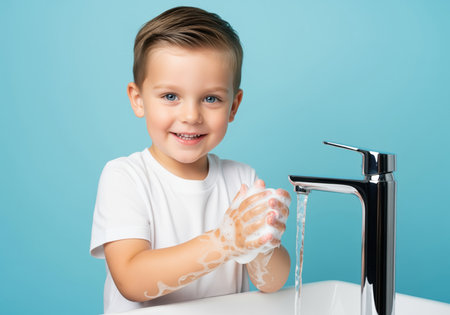 Smiling little boy washing hands thoroughly with white soap lather under a chrome faucet with running water, emphasizing hygiene and health routine.の素材