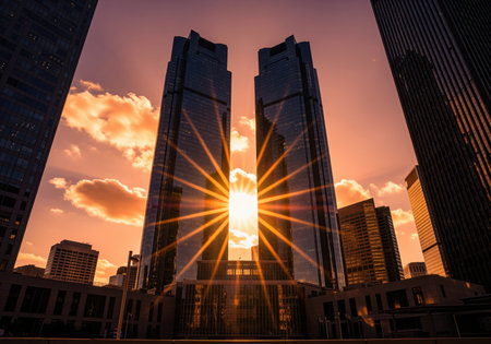 Twin modern glass skyscrapers silhouetted against a vibrant golden hour sunset sky. the sun bursts dramatically between the towers, highlighting urban architecture, power, and business concepts. low angle perspective.の素材